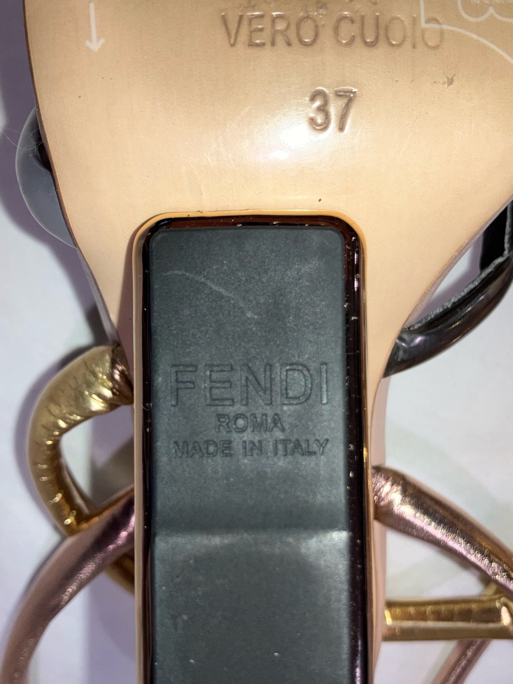 Fendi First Metallic Nappa Strappy Sandals Rose Gold Silver Couture Size 37 US 7 - Picture 15 of 16